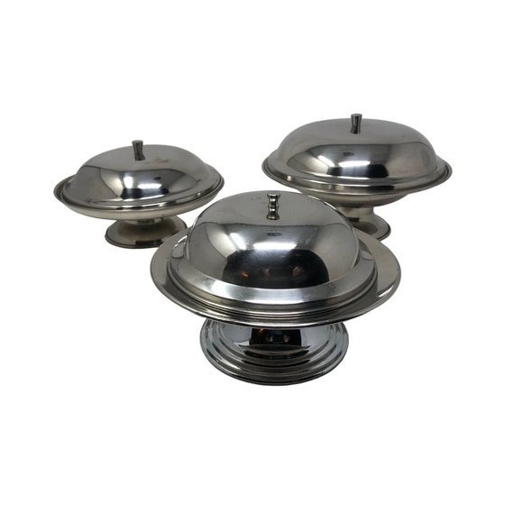 Lion Bentley Stainless Steel Flying Saucer Atomic Footed Serving Dishes Set of 3 - Picture 1 of 10